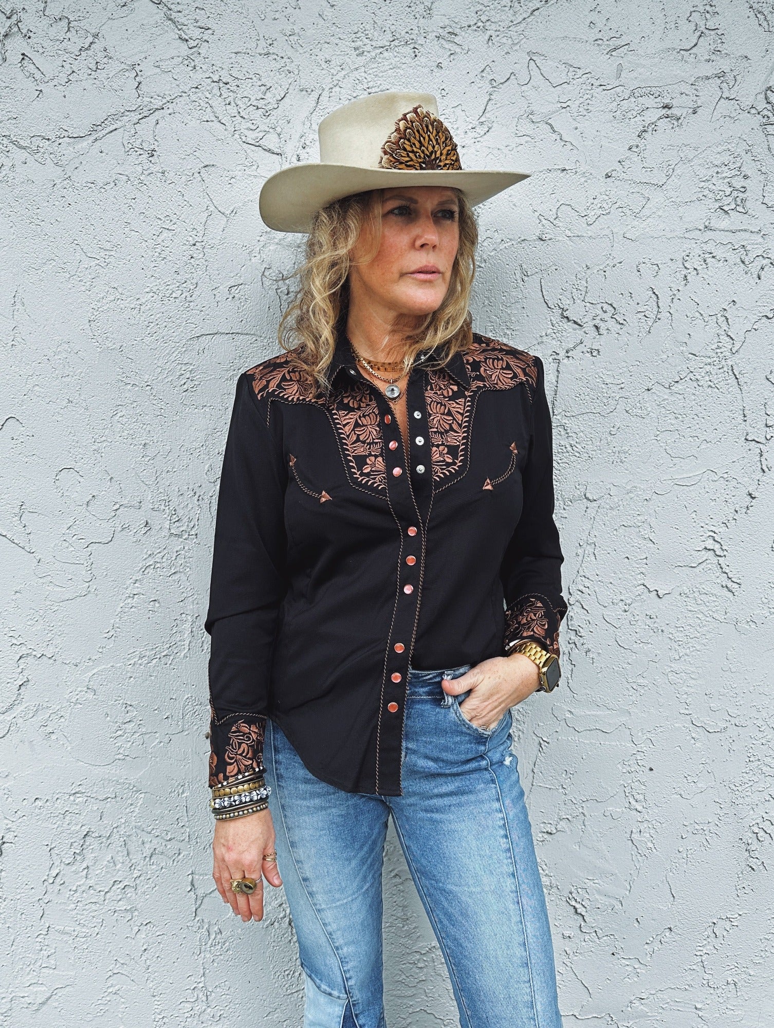 The Closer You Get Embroidered Floral Pearl Snap Button Up Blouse (DS)