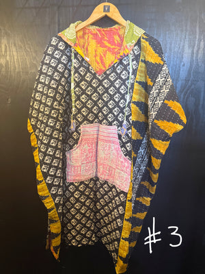 Eyes Of The World Handmade Reversible Kantha Quilt Poncho with Hoodie