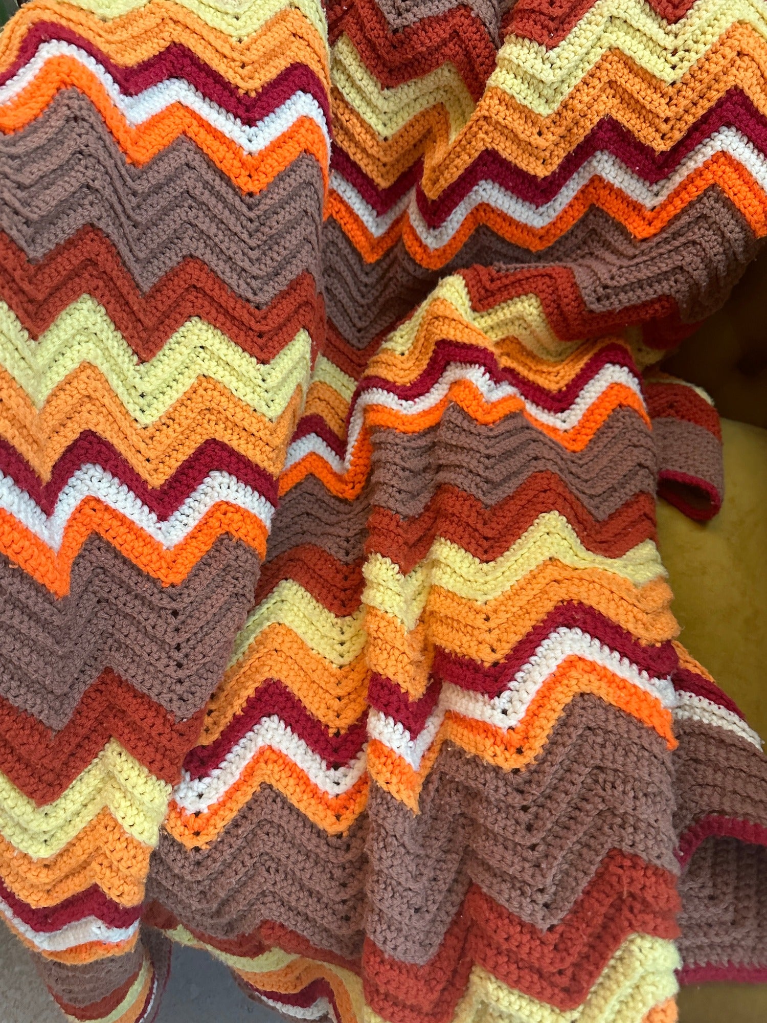 Vintage Grandmother's Handmade Crochet Afghan ~ Multi Orange Mix Zig Zag Chevron Stripe