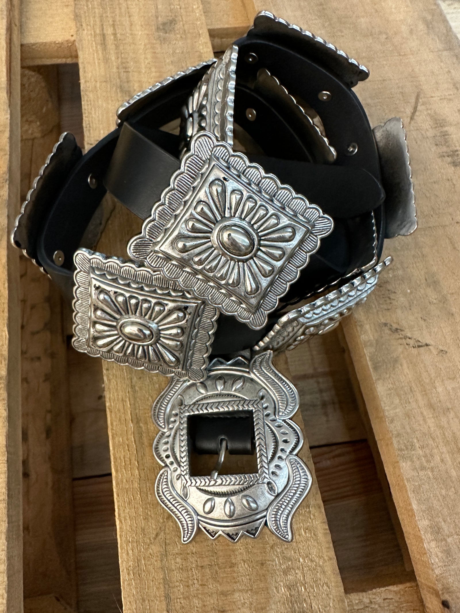 Miss Clementine Antique Style Etched Silver Square Concho Belt