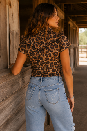 Wild One Leopard Print Satin Puff Sleeve Blouse