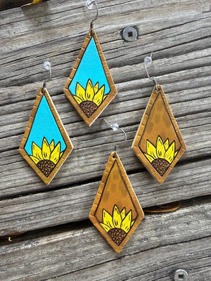 Sun Chaser Painted Sunflower Leather Dangle Earrings