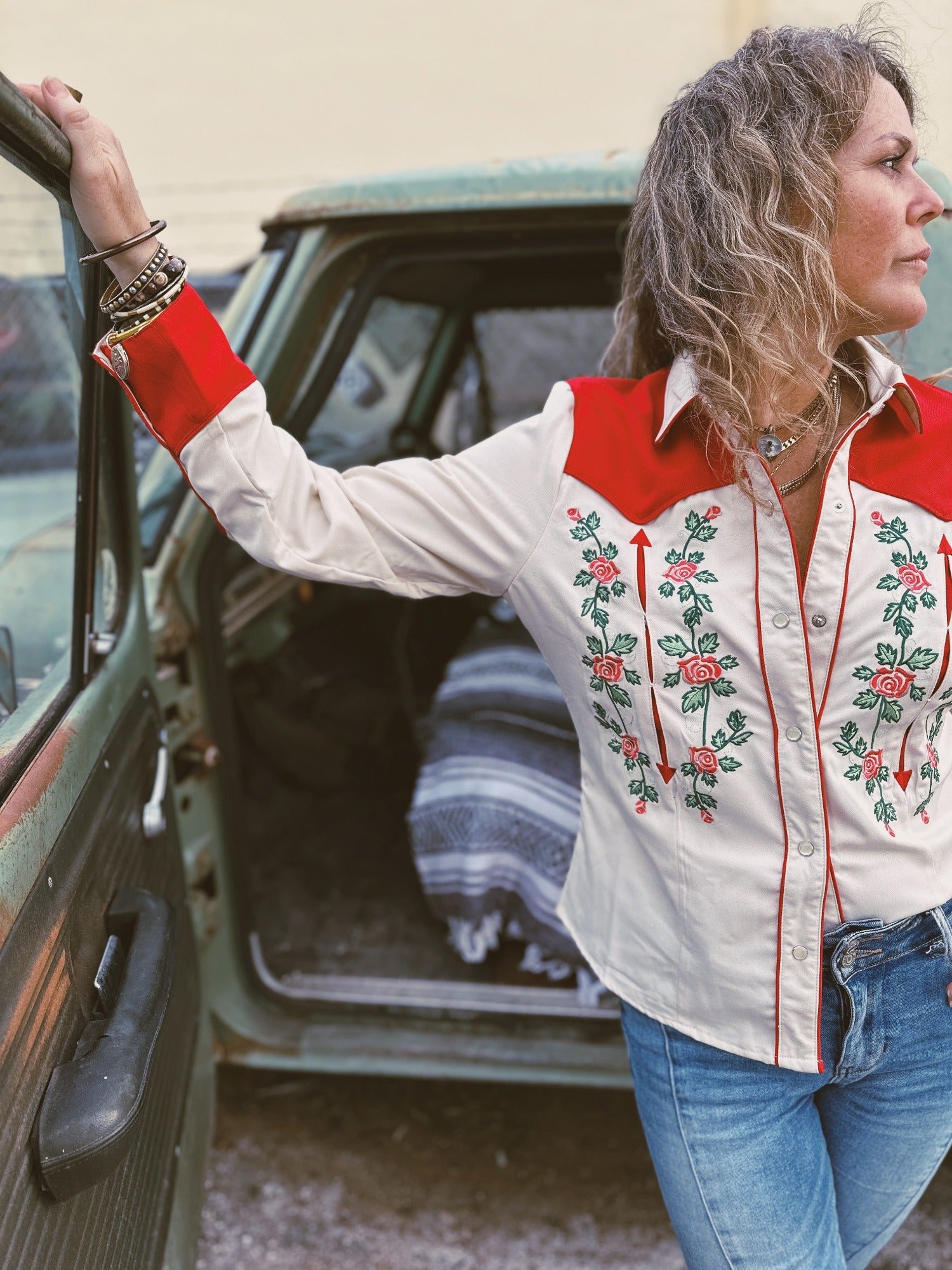Love Is A Rose Embroidered Floral Pearl Snap Button Up