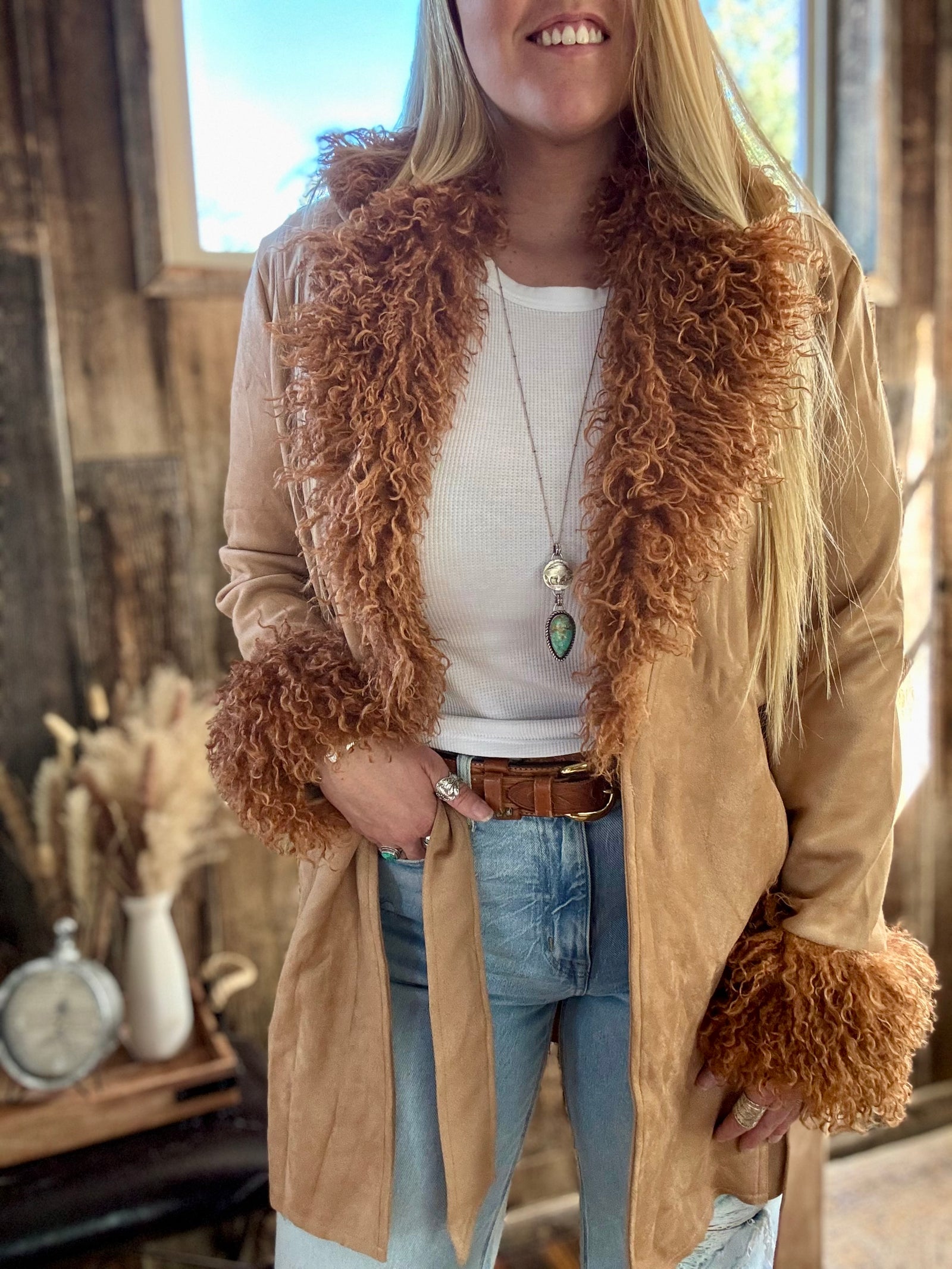 Penny Lane Almost Famous Shaggy Fur Trim Suede Jacket