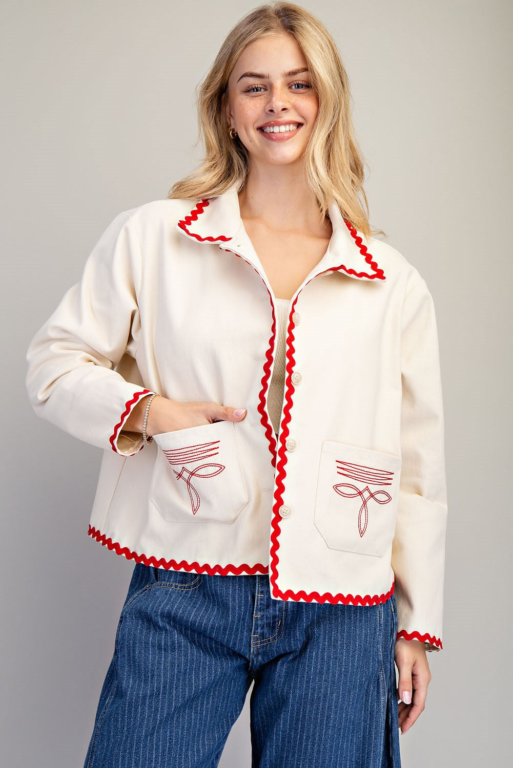 Paper Doll Boot Stitch Ric Rac Trim Embroidered Denim Jacket
