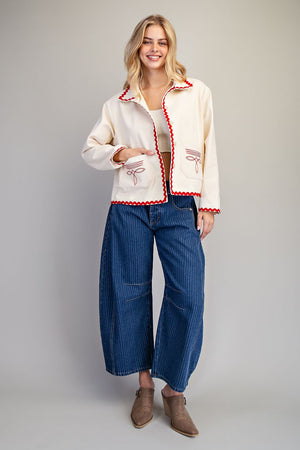 Paper Doll Boot Stitch Ric Rac Trim Embroidered Denim Jacket