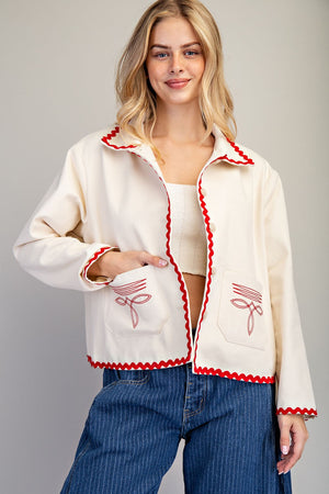Paper Doll Boot Stitch Ric Rac Trim Embroidered Denim Jacket
