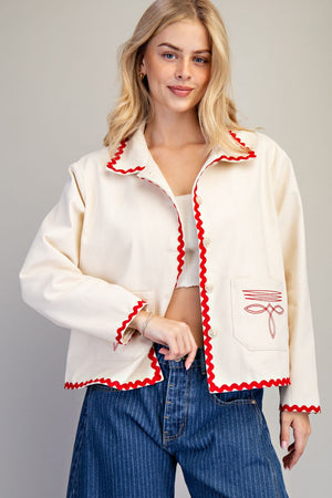 Paper Doll Boot Stitch Ric Rac Trim Embroidered Denim Jacket