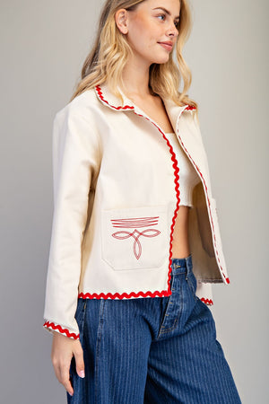 Paper Doll Boot Stitch Ric Rac Trim Embroidered Denim Jacket