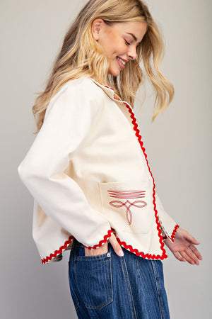 Paper Doll Boot Stitch Ric Rac Trim Embroidered Denim Jacket