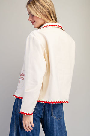 Paper Doll Boot Stitch Ric Rac Trim Embroidered Denim Jacket