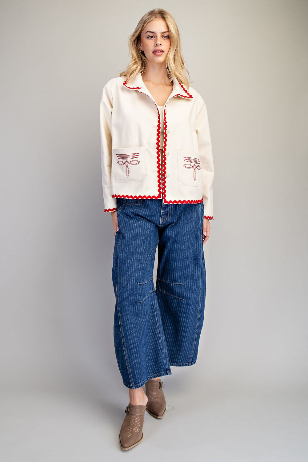 Paper Doll Boot Stitch Ric Rac Trim Embroidered Denim Jacket