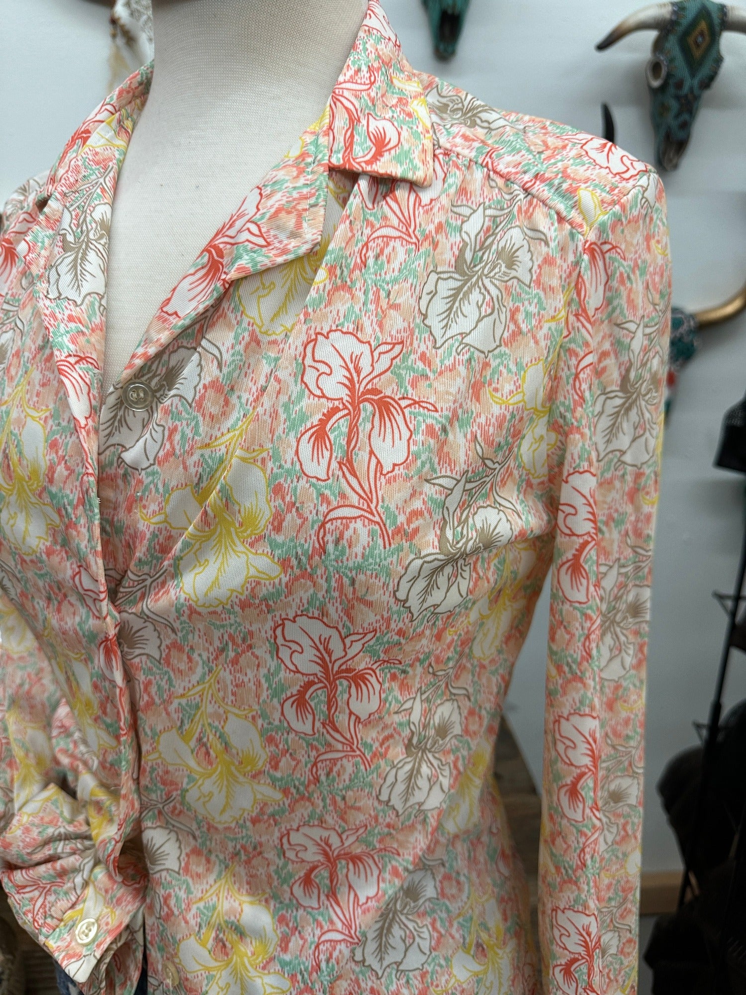 Devon Retro Hawaiian Floral Striped Vintage Button Up Blouse - Size S/M - 2/4/6