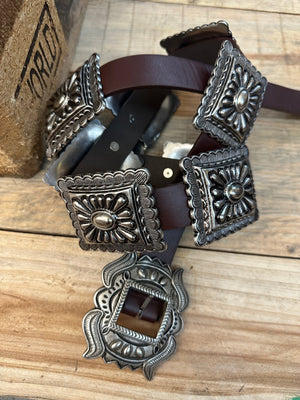 Miss Clementine Antique Style Etched Silver Square Concho Belt