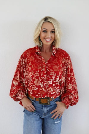 After Midnight Burnout Velvet Mesh Balloon Sleeve Button Up Blouse