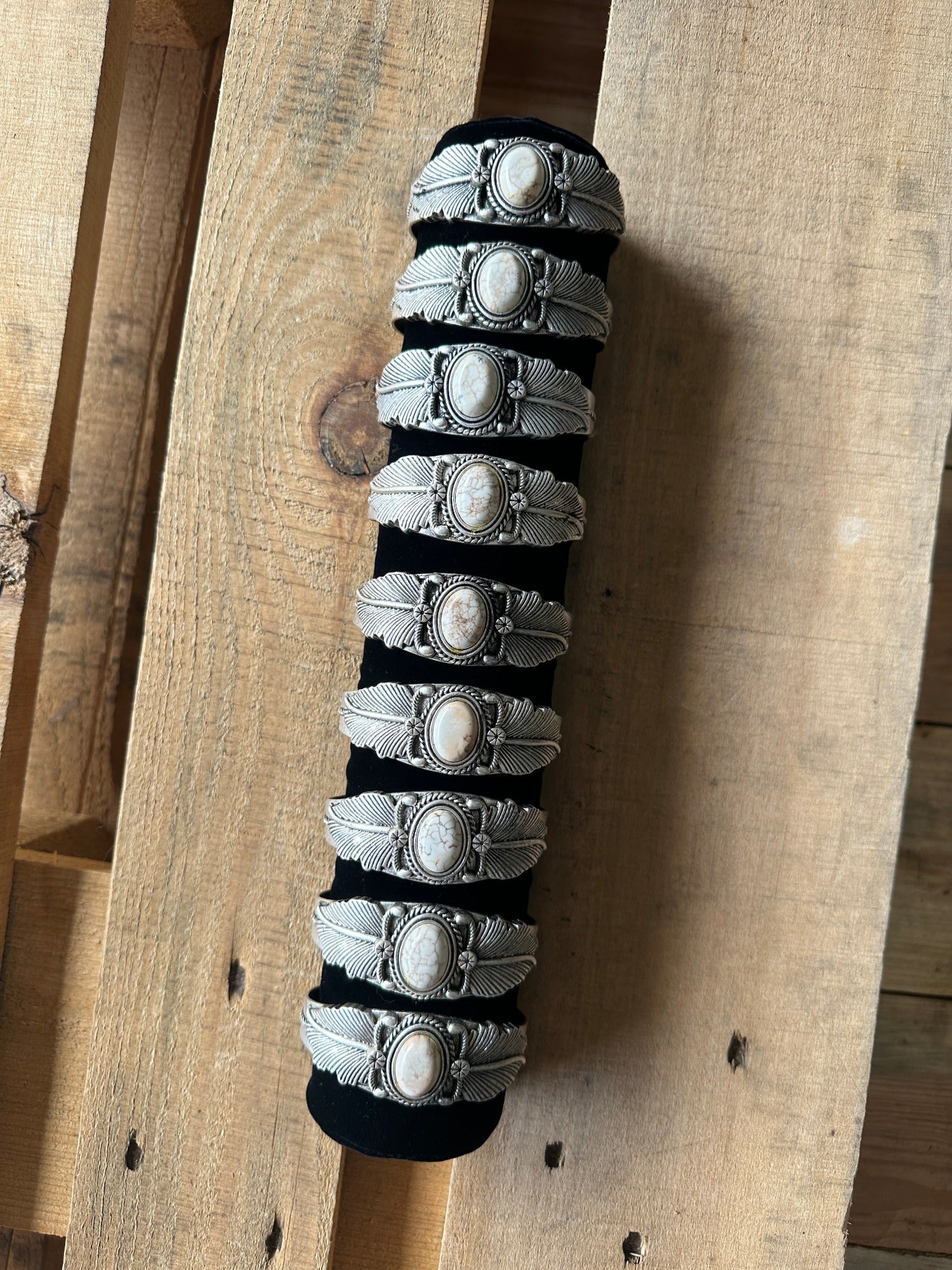 Feathers In The Wind White Buffalo Etched Silver Cuff Bracelet