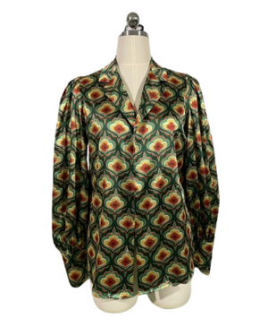 Vagabond Retro Green Tulip Pouf Sleeve Button Up Blouse