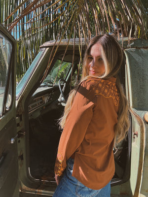 PREORDER John Wayne Western Pearl Snap Button Up Top In Brown PREORDER MARCH/APRIL 2026