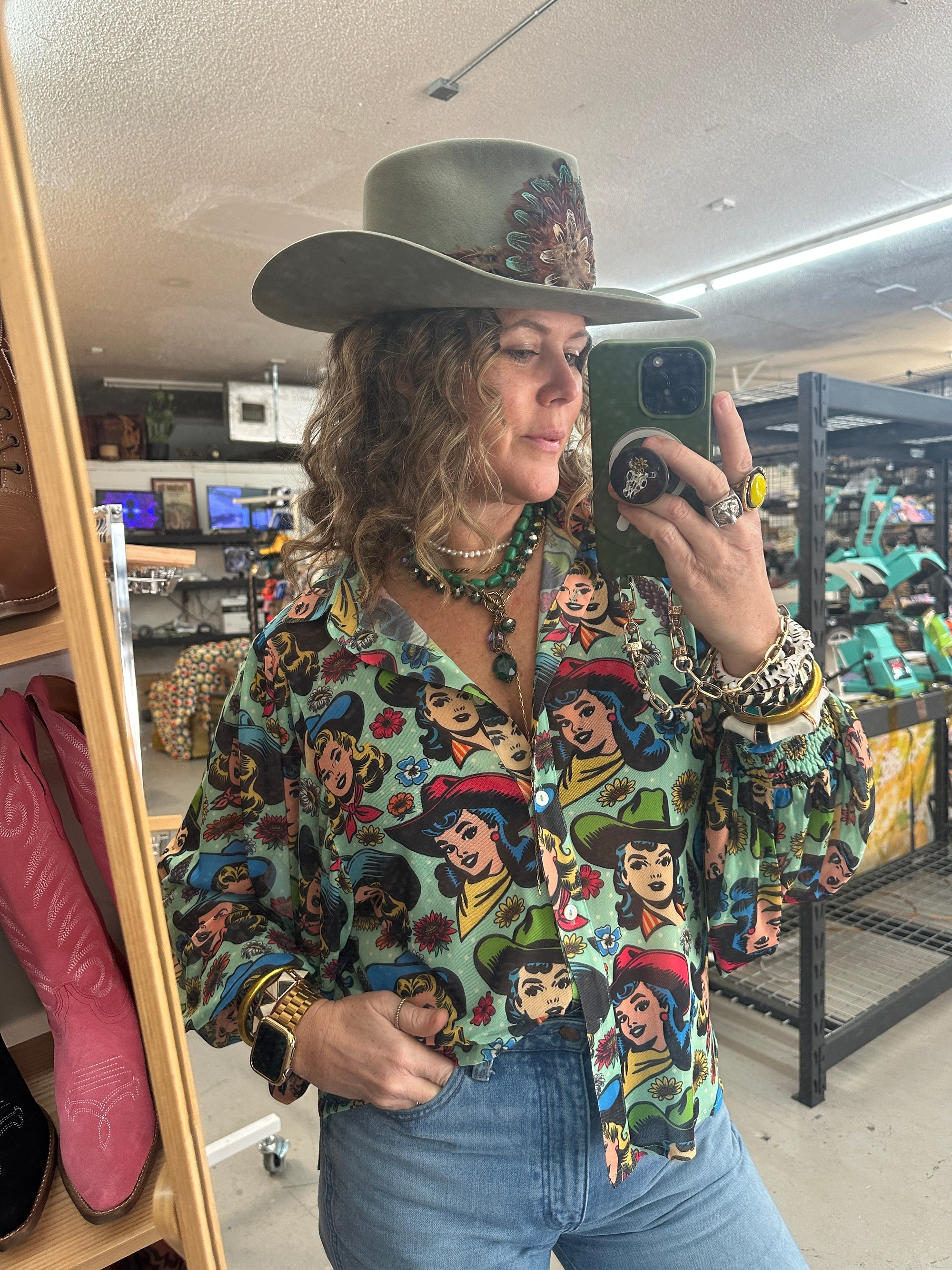 PREORDER MAY/JUNE 2025 Texas Hold 'Em Retro Comic Cowgirl Button Up Mesh Blouse