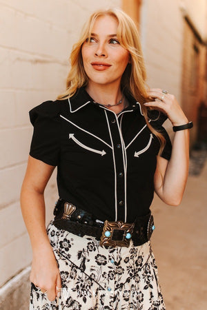 Cowgirl's Don't Cry Pearl Snap Puff Sleeve Blouse