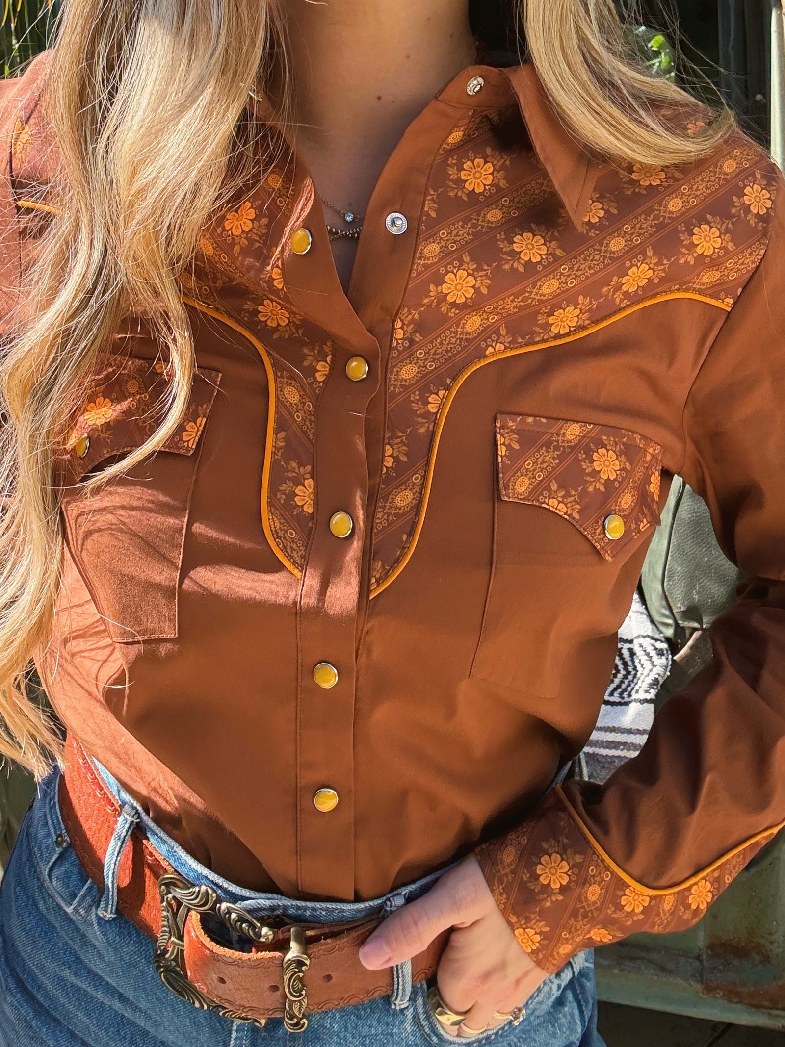 PREORDER John Wayne Western Pearl Snap Button Up Top In Brown PREORDER MARCH/APRIL 2026