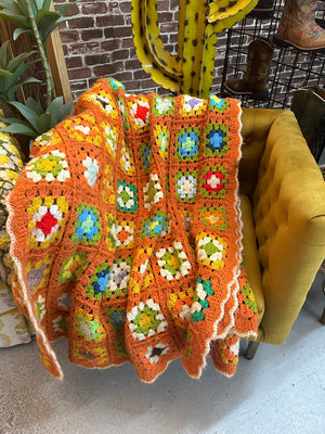 Vintage Grandmother's Handmade Crochet Afghan ~ Multi Orange Mix Granny Square Design