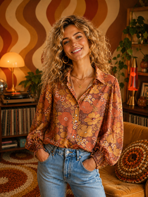 All The Leaves Are Brown Retro Floral Button Up Mesh Blouse - PREORDER 9/18
