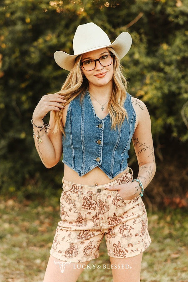 Dusty Trail Vintage Cowboy Toile Denim Shorts