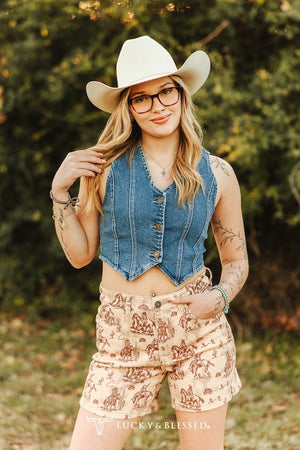 Dusty Trail Vintage Cowboy Toile Denim Shorts
