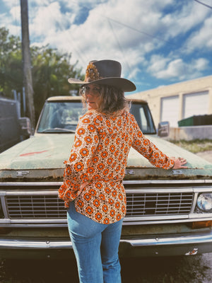 Going To California Large Poppy Flower Zipper Front Blouse