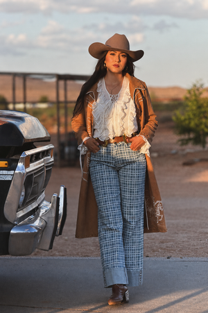 Check Yes Or No Plaid Printed Denim Cuffed Jeans