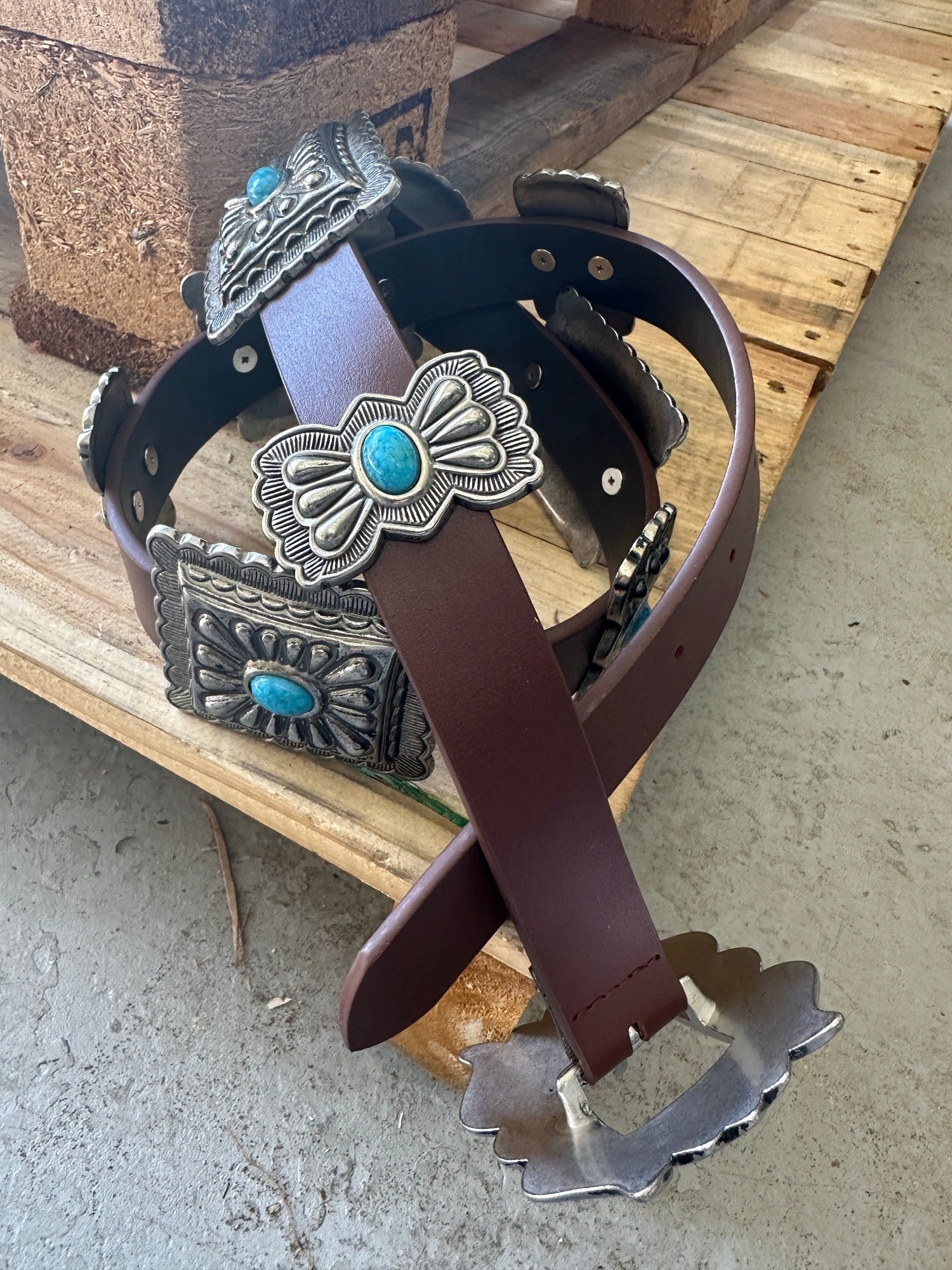 Bravado Antique Style Etched Silver Square Turquoise Stone Concho Belt