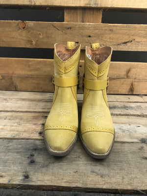 Gummy Bear Yellow Suede Leather Booties w/ Embroidered Designs ~ Size 10 ~ SAMPLE SALE