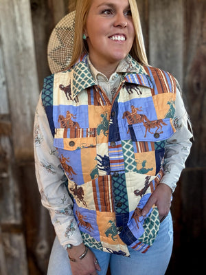 Saddle Up Patchwork Cowboy Printed Quilted Vest