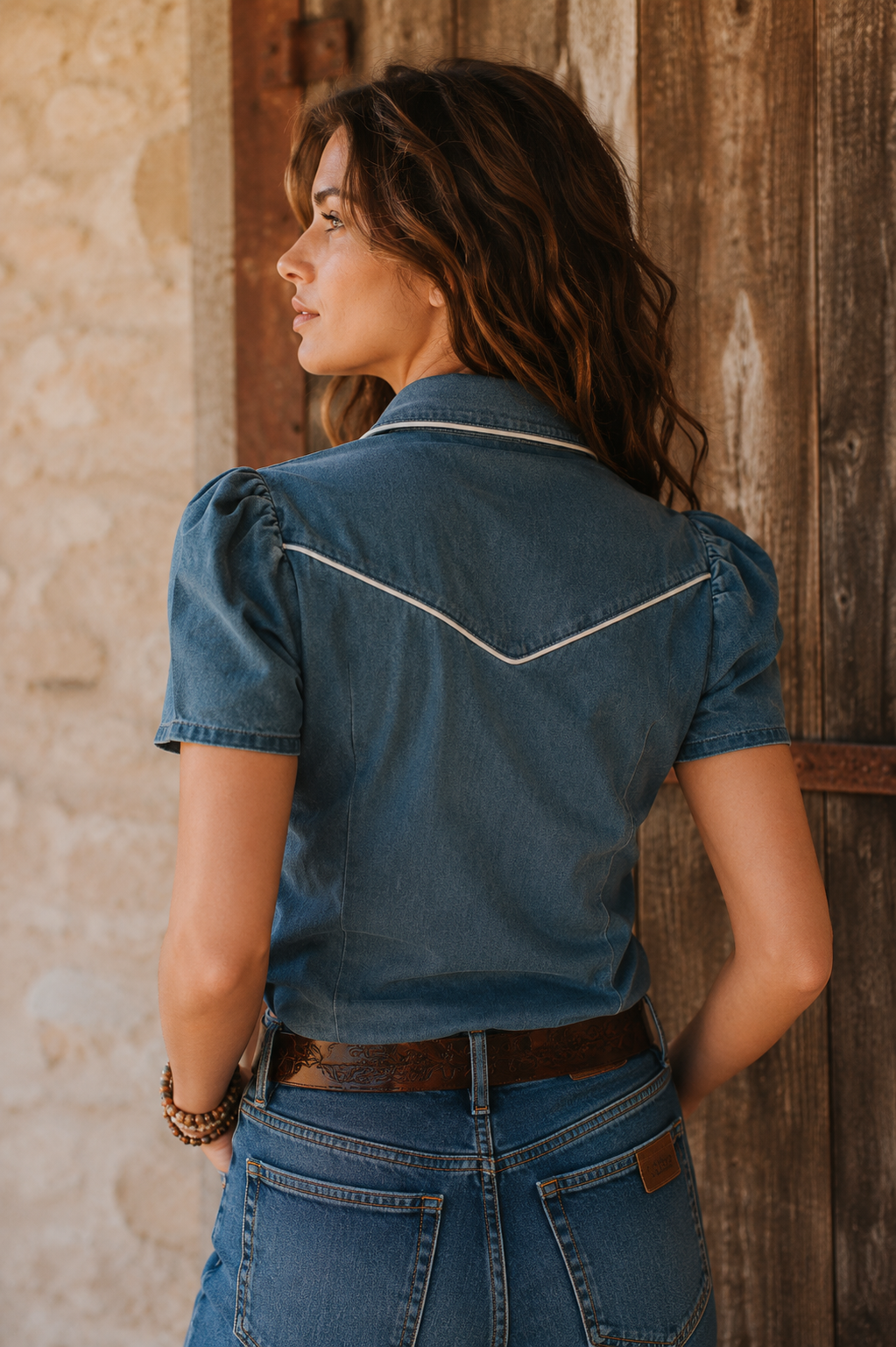 Desperado Darling Denim Pearl Snap Puff Sleeve Blouse