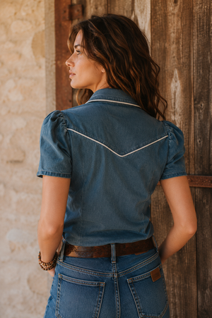Desperado Darling Denim Pearl Snap Puff Sleeve Blouse