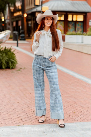 Check Yes Or No Plaid Printed Denim Cuffed Jeans