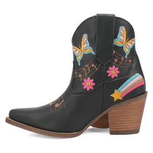 Melody Black Leather & Embroidered Bootie (DS)