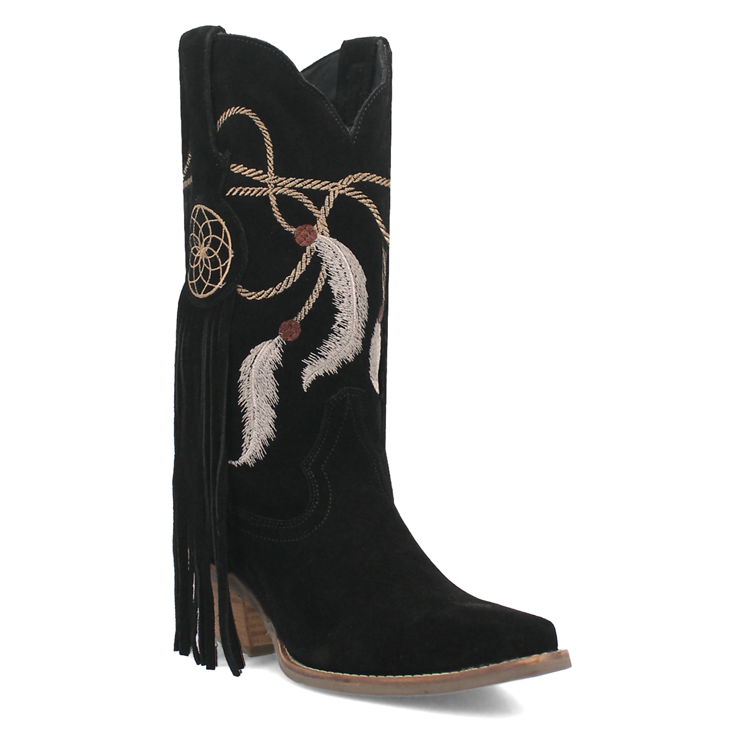 Day Dream Black Suede Embroidered Dreamcatcher Fringe Booties (DS)