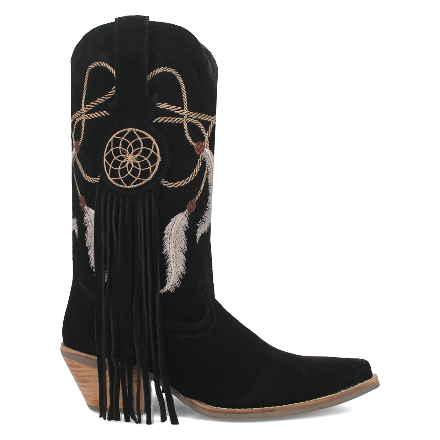 Day Dream Black Suede Embroidered Dreamcatcher Fringe Booties (DS)