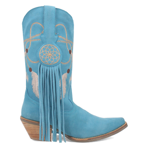 Day Dream Turquoise Blue Suede Embroidered Dreamcatcher Fringe Booties (DS)