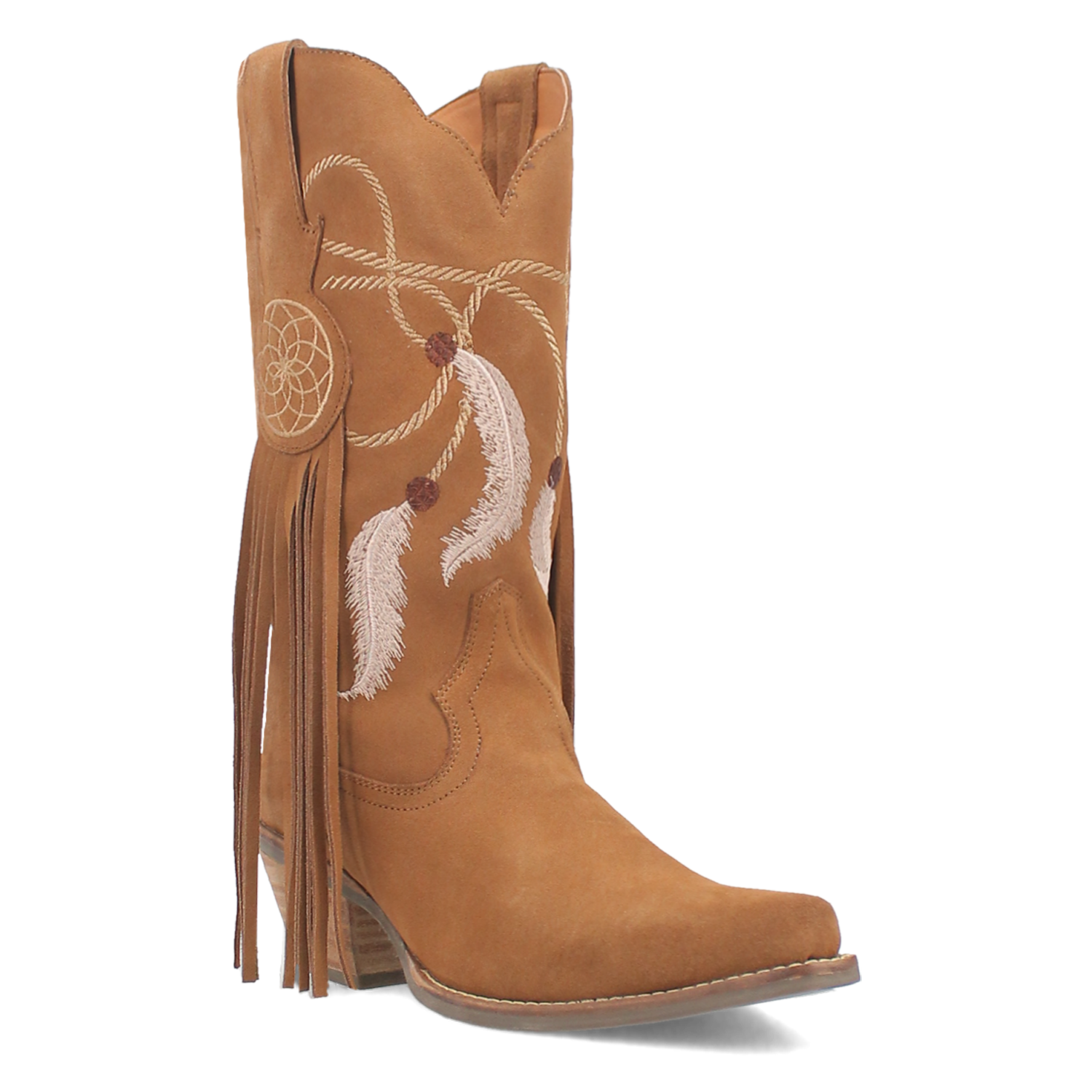 Day Dream Camel Suede Embroidered Dreamcatcher Fringe Booties (DS)
