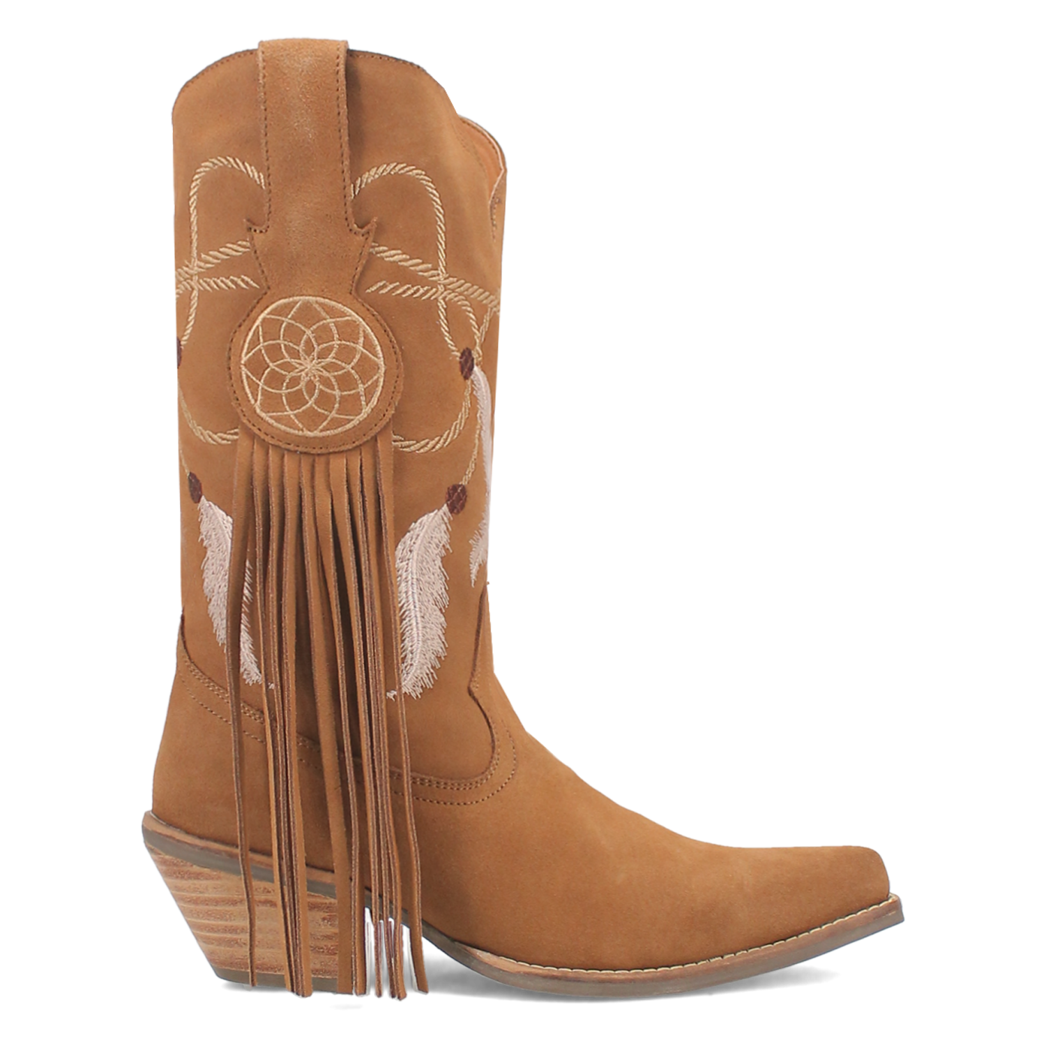 Day Dream Camel Suede Embroidered Dreamcatcher Fringe Booties (DS)