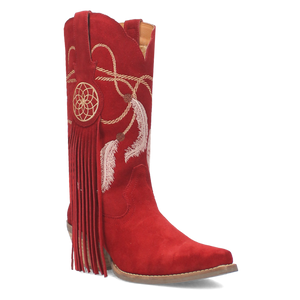 Day Dream Red Suede Embroidered Dreamcatcher Fringe Booties (DS)