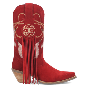 Day Dream Red Suede Embroidered Dreamcatcher Fringe Booties (DS)