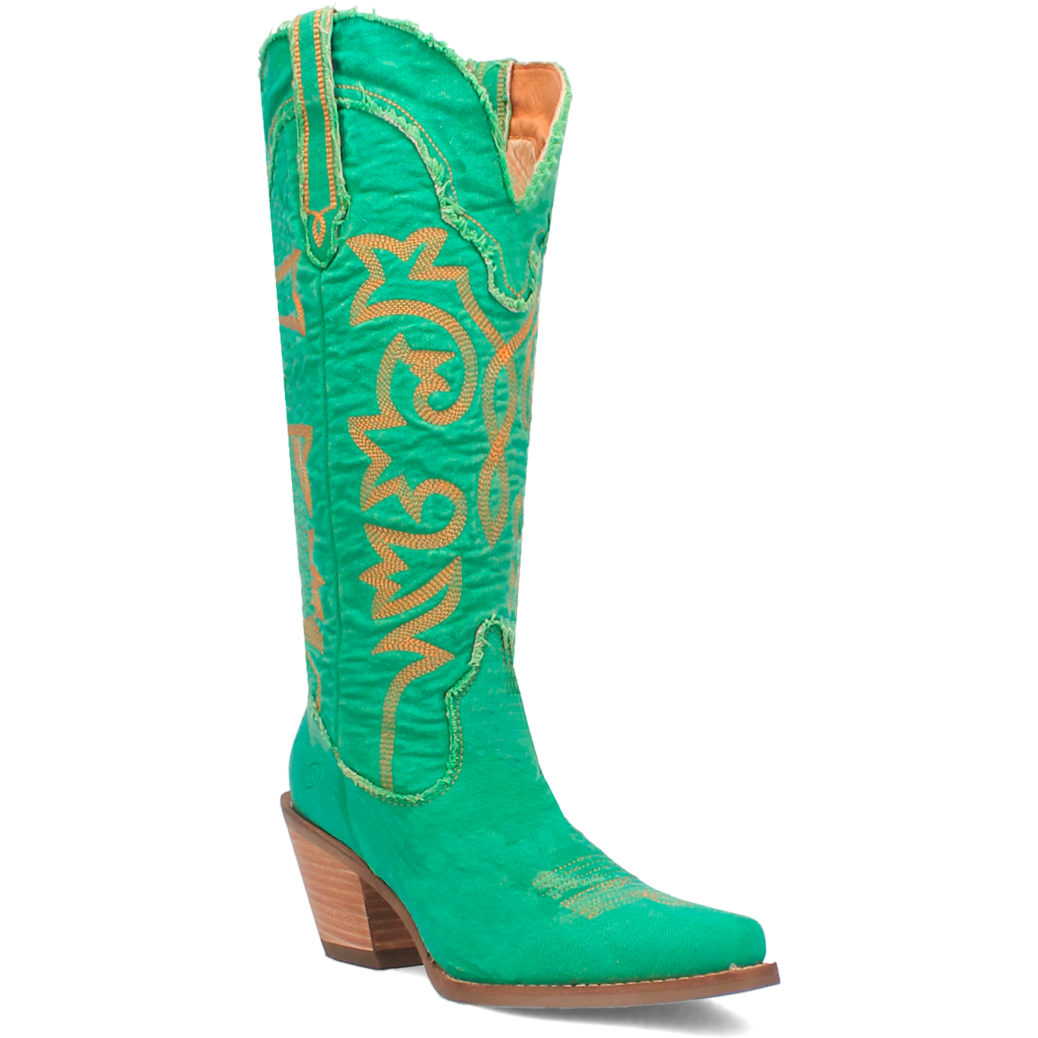 Texas Tornado Distressed Green Denim Embroidered Knee High Boots (DS)