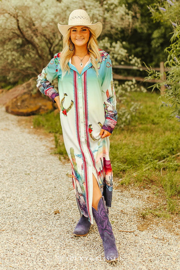 Honky Tonk Angel Cactus Ombre Cowgirl Button Down Maxi Shirt/Dress &/or Duster Cardigan