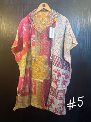 Eyes Of The World Handmade Reversible Kantha Quilt Poncho with Hoodie