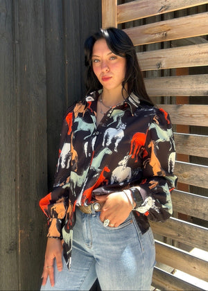 Off To The Races Horse Print Blouse - Black - PREORDER JULY/AUGUST 2026