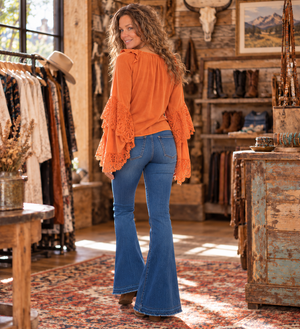 Never Knew Lonely Boho Style Crochet Bell Sleeve Blouse (DS)